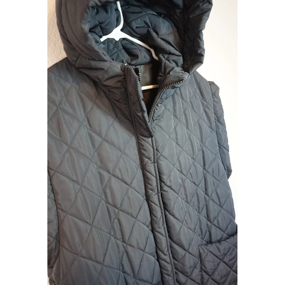 Fandylokar Women Black Quilted Longline Hooded Vest Puffer Jacket Size M